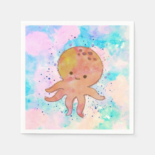 Cute Octopus Cartoon Watercolor Napkins (Front)