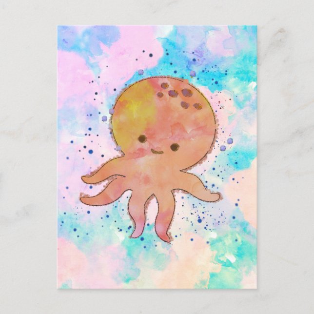 Cute Octopus Cartoon Watercolor Postcard (Front)