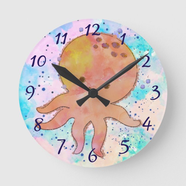 Cute Octopus Cartoon Watercolor Round Clock (Front)