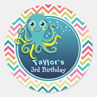 Cute Octopus; Colorful Chevron Kid's Birthday Classic Round Sticker