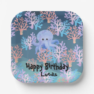 Cute octopus colorful coral fish sea Birthday kids Paper Plates