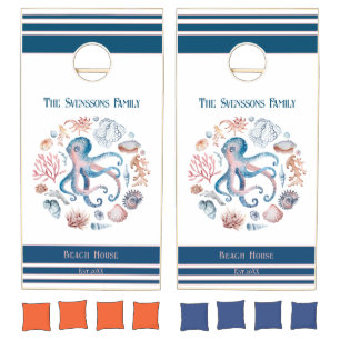 Cute Octopus Family Name Beach House Nautical Sea Cornhole Set