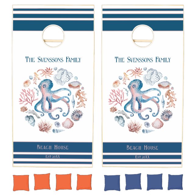 Cute Octopus Family Name Beach House Nautical Sea Cornhole Set (Set)
