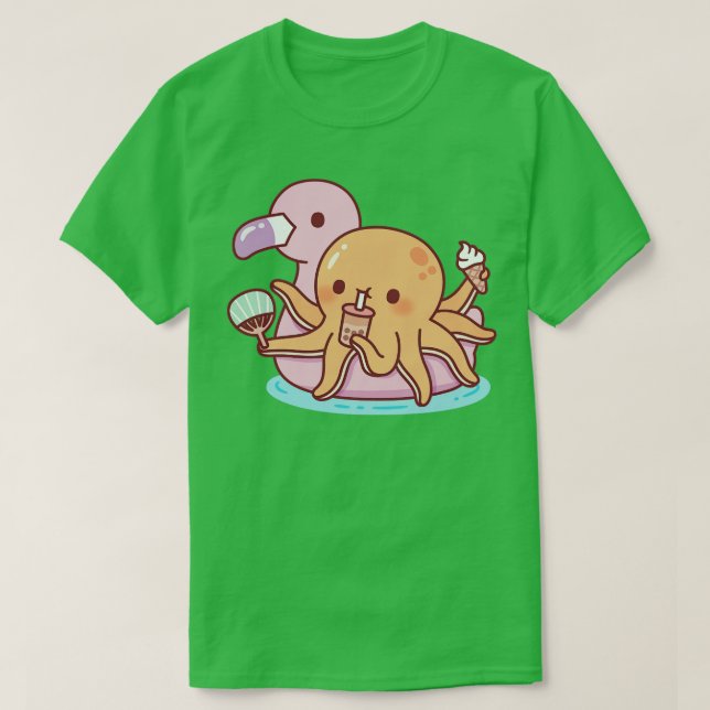 Cute Octopus g on Pink Flamingo Float T-Shirt (Design Front)