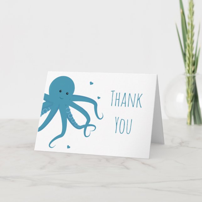 Cute Octopus Heart Blue Thank You Card (Front)