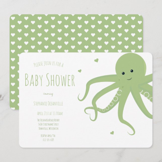 Cute Octopus Heart Green Horizontal Baby Shower Invitation (Front/Back)