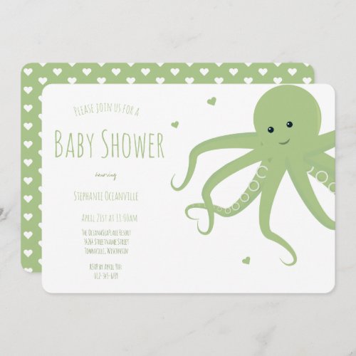 Cute Octopus Heart Green Horizontal Baby Shower Invitation