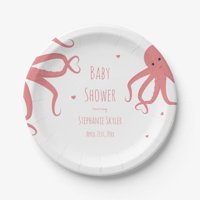 Cute Octopus Heart Pink Baby Shower Paper Plates (Front)