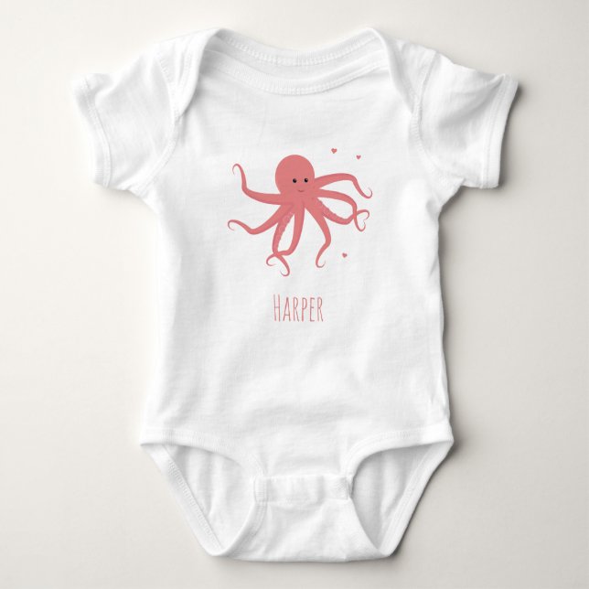 Cute Octopus Heart Pink Cartoon Name Baby Bodysuit (Front)