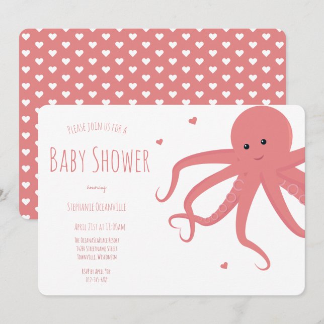 Cute Octopus Heart Pink Horizontal Baby Shower Invitation (Front/Back)