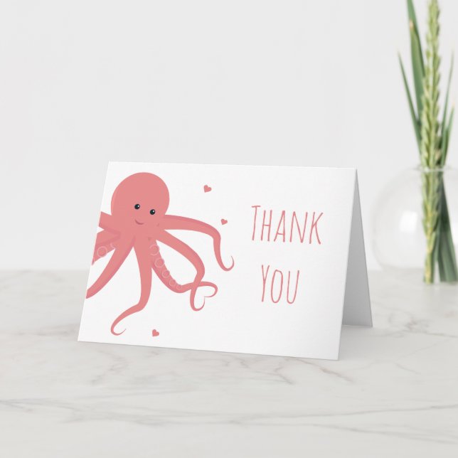 Cute Octopus Heart Pink Thank You Card (Front)