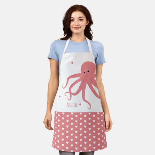 Cute Octopus Heart Pink White Name Animal Apron