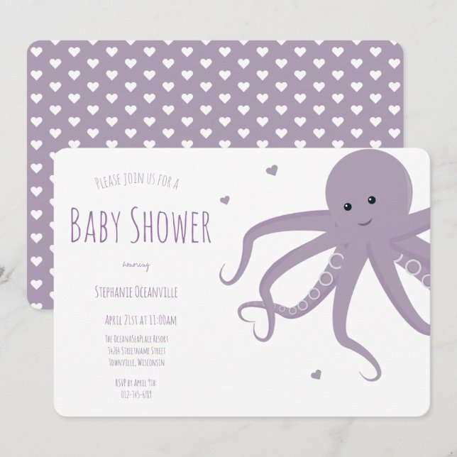 Cute Octopus Heart Purple Horizontal Baby Shower Invitation (Front/Back)