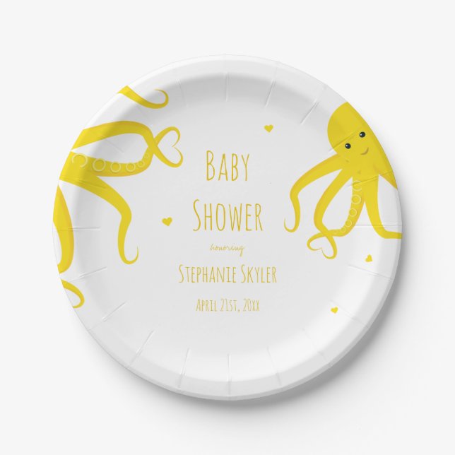 Cute Octopus Heart Yellow Baby Shower Paper Plate (Front)