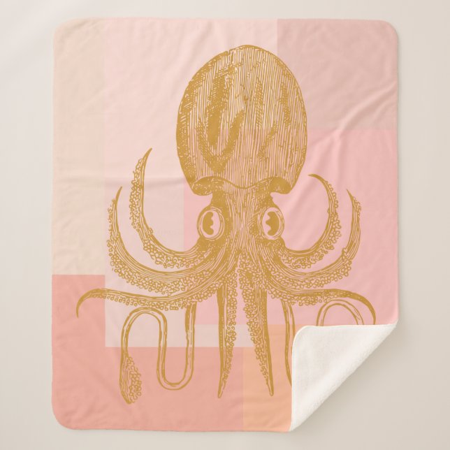 Cute Octopus Illustration in Pink and Gold Sherpa Blanket (Front)
