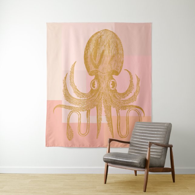 Cute Octopus Illustration in Pink and Gold Tapestry (In Situ)