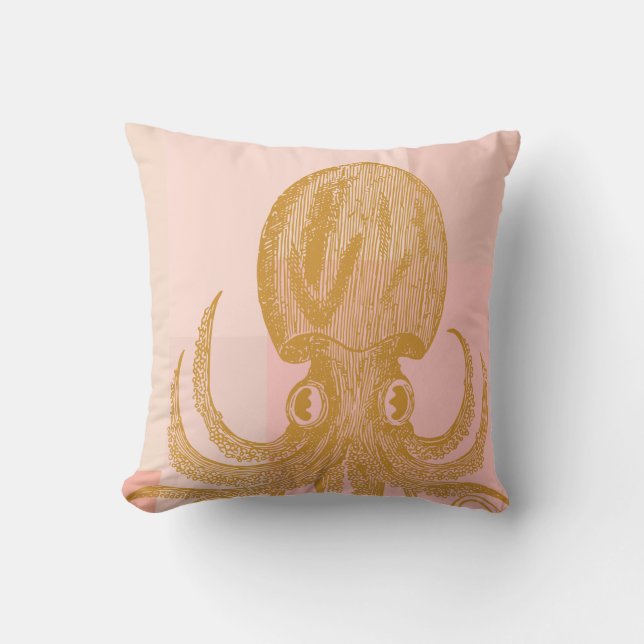 Cute Octopus Illustration in Pink and Gold Throw Pillow (Front)