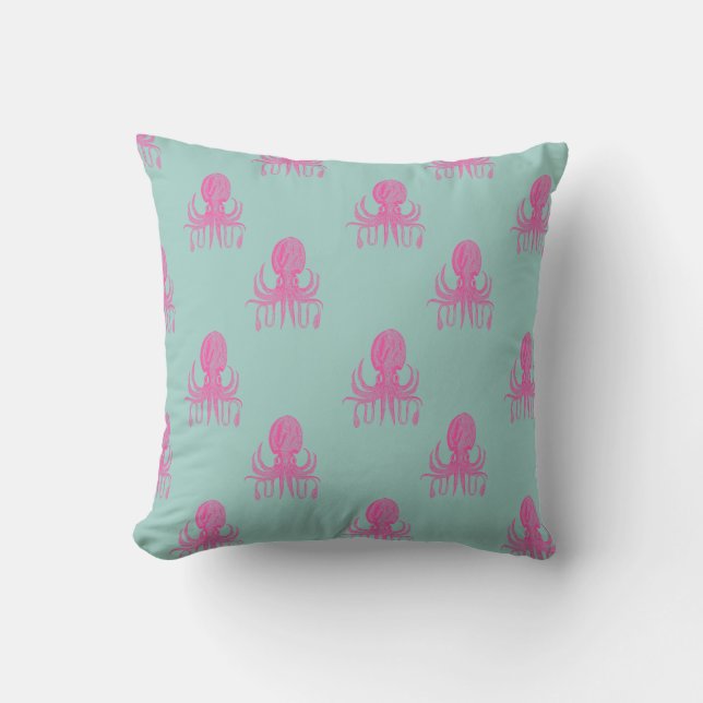 Cute Octopus Illustration Pattern Aqua and Fuchsia Throw Pillow (Front)