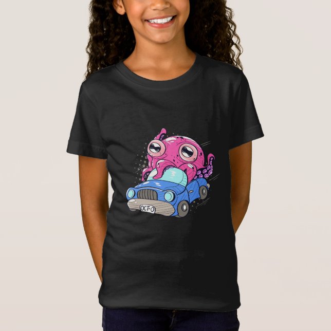 Cute Octopus In Car Funny Octopus Kids T-Shirt (Front)