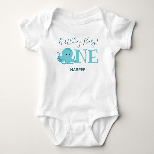 Cute Octopus One Name First Birthday Baby Bodysuit (Front)