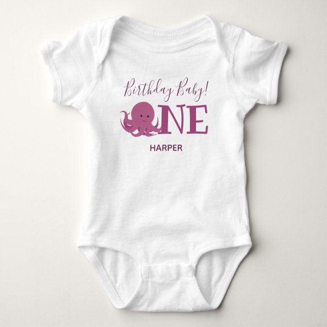 Cute Octopus One Name First Birthday Baby Bodysuit (Front)