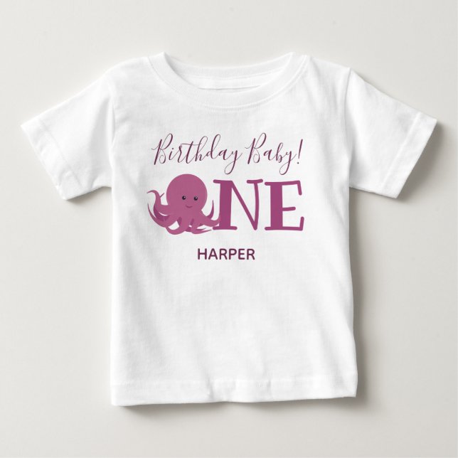 Cute Octopus One Name First Birthday Baby T-Shirt (Front)
