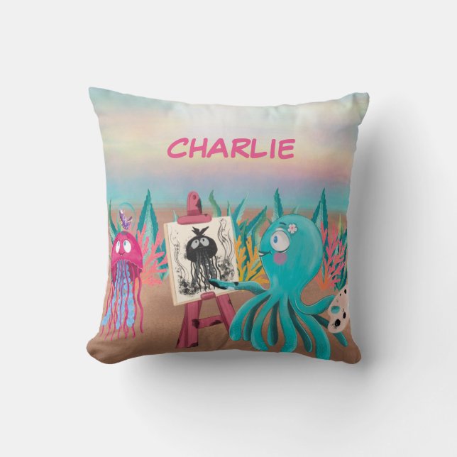 Cute Octopus Painter  Throw Pillow (Front)