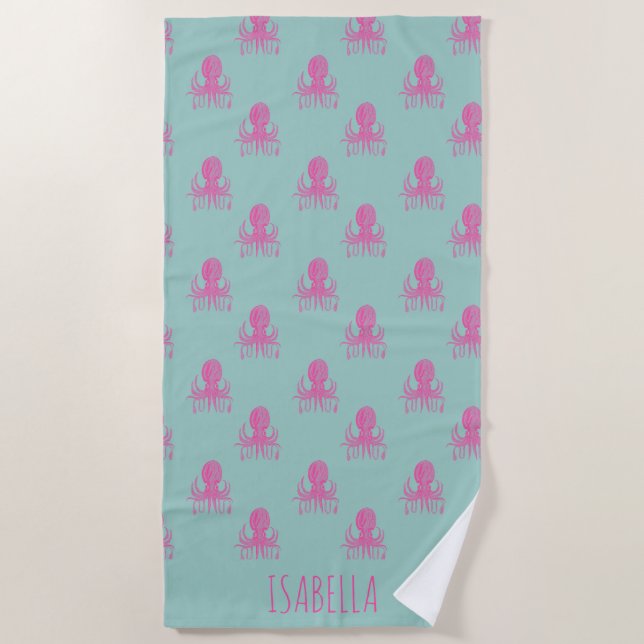 Cute Octopus Pattern Aqua Pink Personalized Beach Towel (Front)