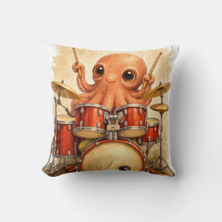 Cute Octopus Playing Drums Kawaii Sea Animal Music Throw Pillow
