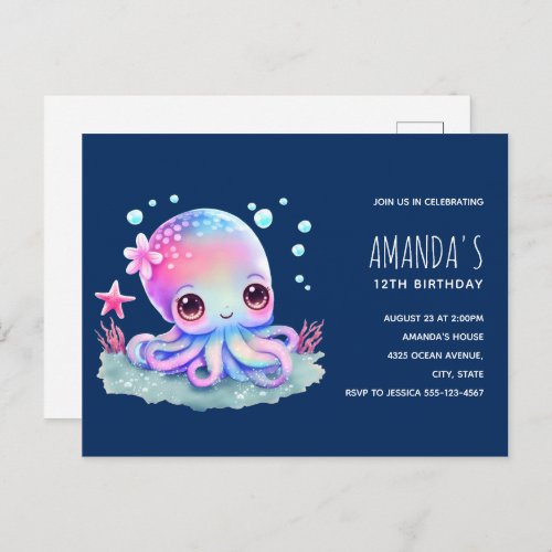 Cute Octopus Sea Creature Birthday Invitation Postcard