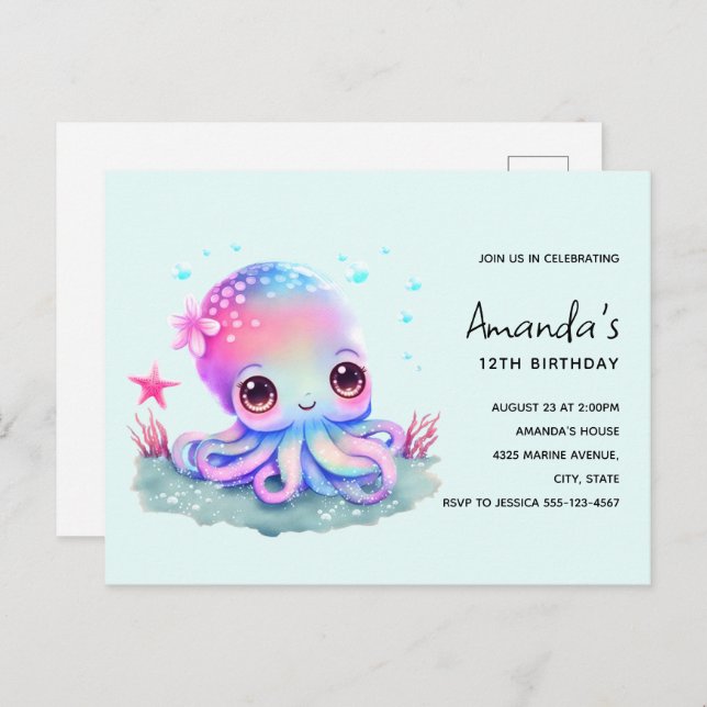 Cute Octopus Sea Creature Birthday Invitation Postcard (Front/Back)