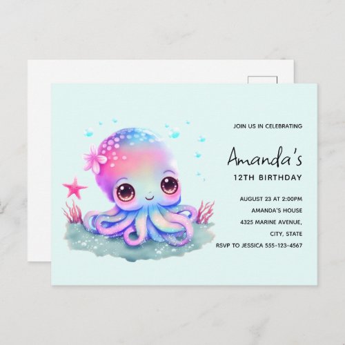 Cute Octopus Sea Creature Birthday Invitation Postcard