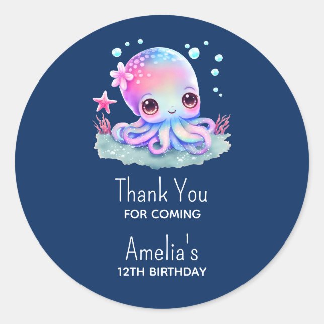 Cute Octopus Sea Creature Birthday Thank You Classic Round Sticker (Front)