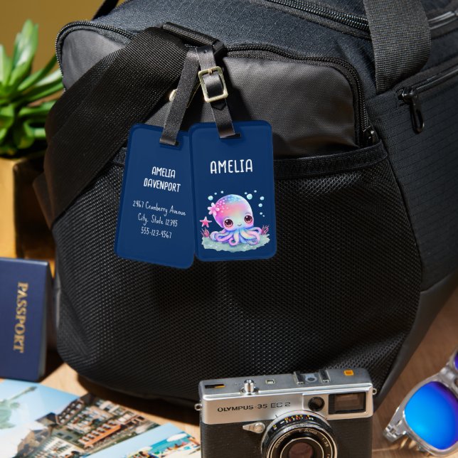 Cute Octopus Sea Creature Luggage Tag (Front & Back)