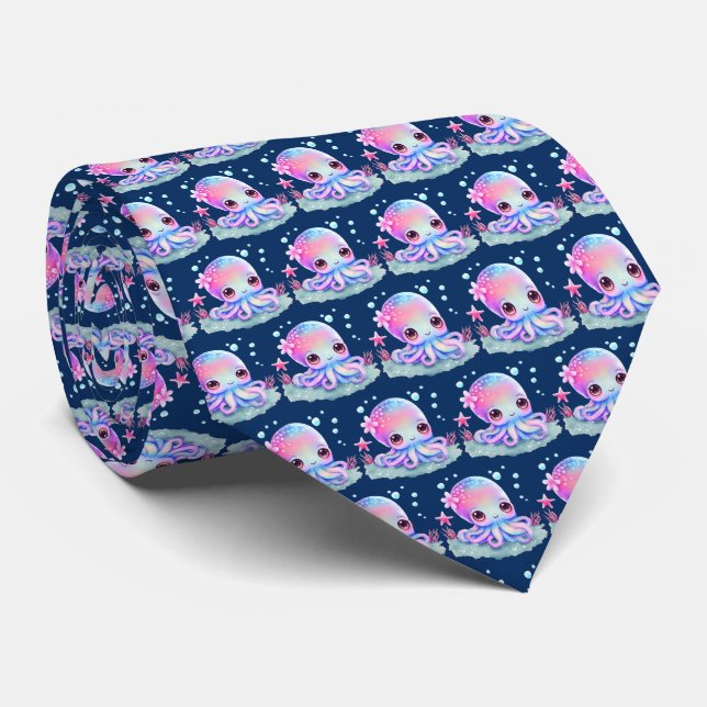 Cute Octopus Sea Creature Patterned Neck Tie (Rolled)