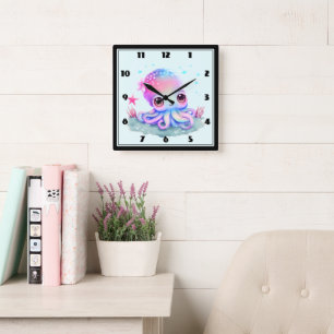 Cute Octopus Sea Creature Square Wall Clock