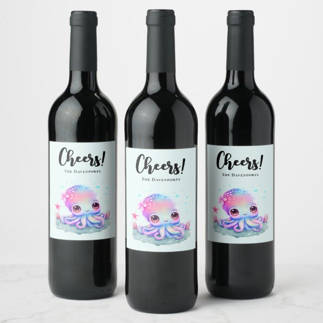 Cute Octopus Sea Creature Wine Label (Bottles)