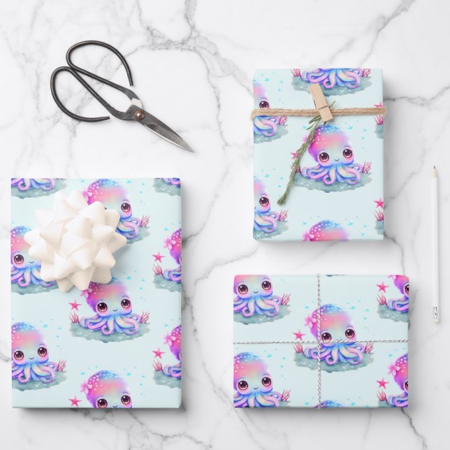Cute Octopus Sea Creature Wrapping Paper Sheets (Front)