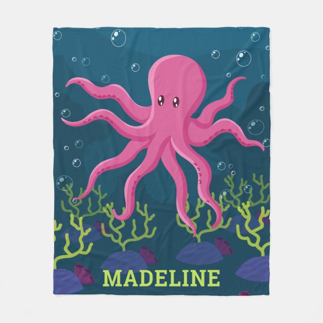 Cute Octopus Sea Ocean Personalized Kids Fleece Blanket (Front)