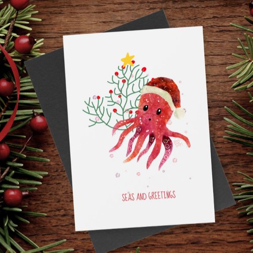 Cute Octopus Seas and Greetings Christmas Tree Holiday Postcard