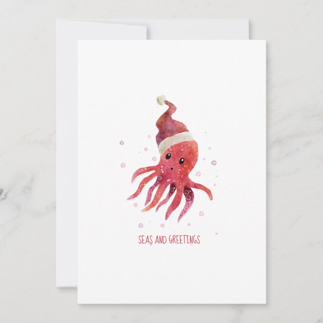 Cute Octopus Seas and Greetings Santa Hat Holiday Card (Front)