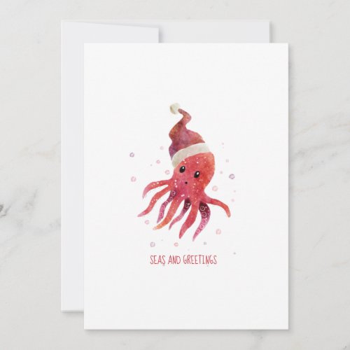 Cute Octopus Seas and Greetings Santa Hat Holiday Card
