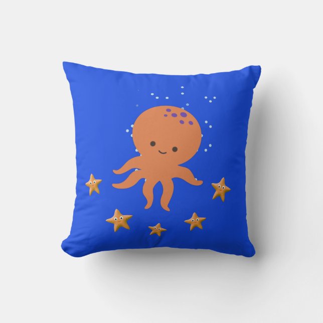Cute Octopus Starfish Cartoon Throw Pillow (Front)
