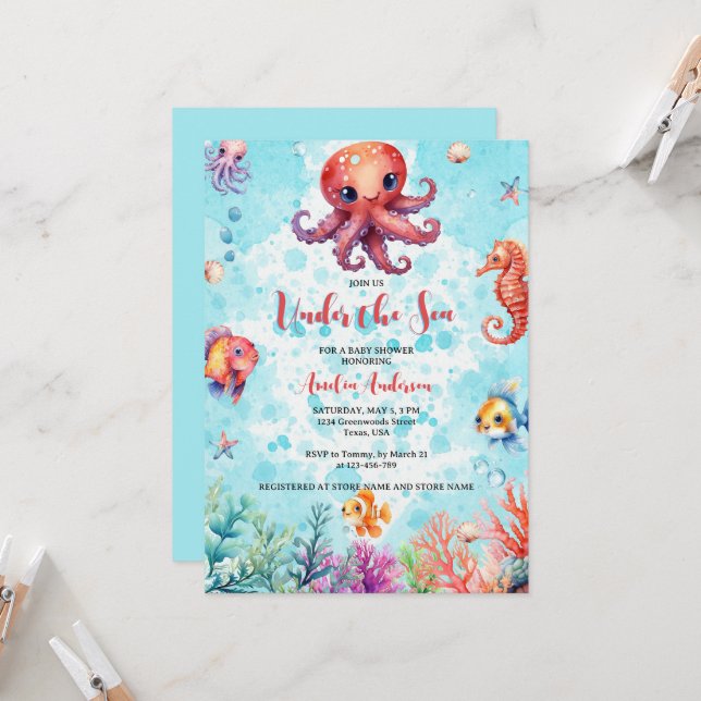 Cute Octopus Under the Sea Creatures Baby Shower Invitation (Front/Back In Situ)