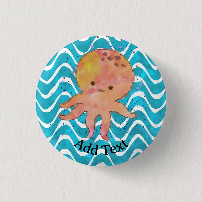 Cute Octopus Watercolor Cartoon Button (Front)