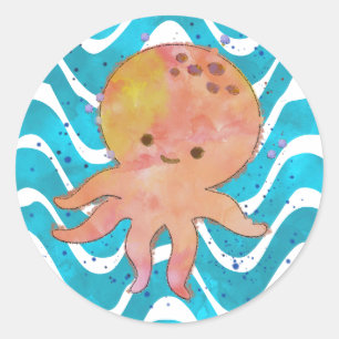 Cute Octopus Watercolor Cartoon Classic Round Sticker