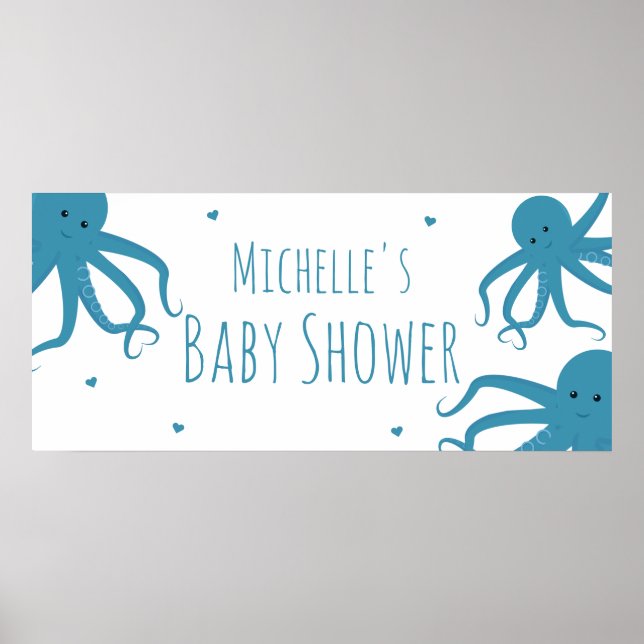 Cute Octopus Wide Blue Name Baby Shower  Poster (Front)