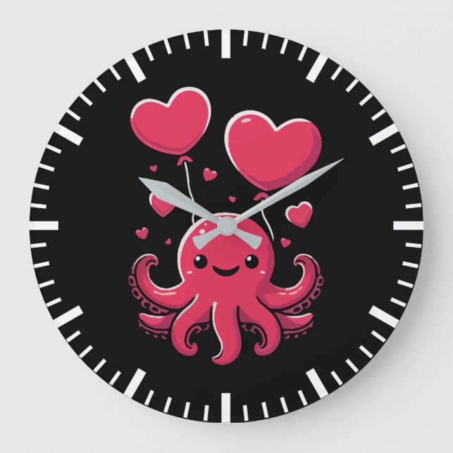 Cute Octopus with Heart Balloons, Valentine's Day Large Clock (Front)