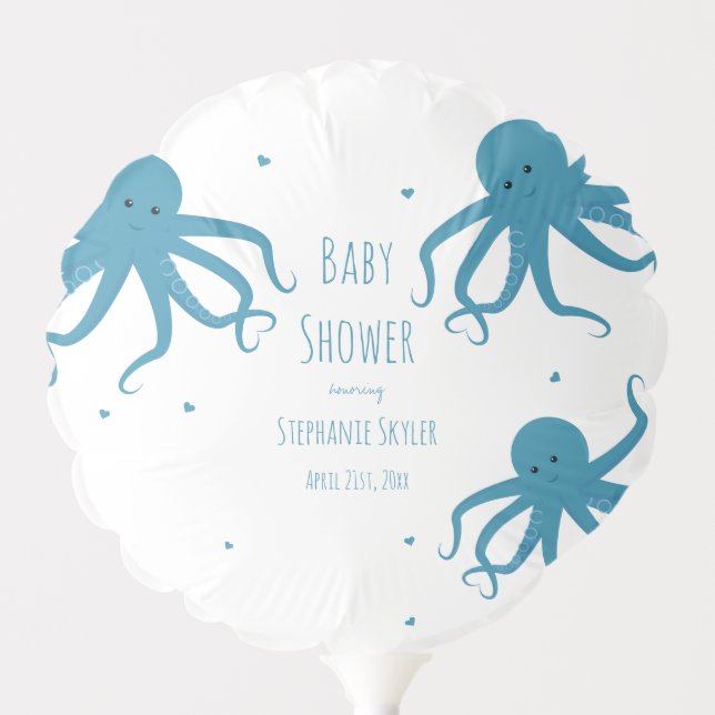 Cute Octopuses Heart Blue Baby Shower Balloon (Front)
