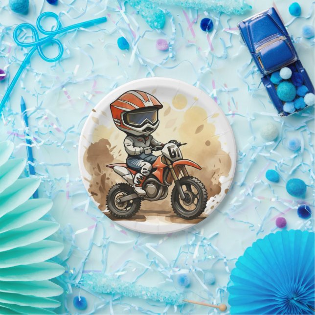Cute Off-Road Motorcycle Birthday Paper Plates (Party)